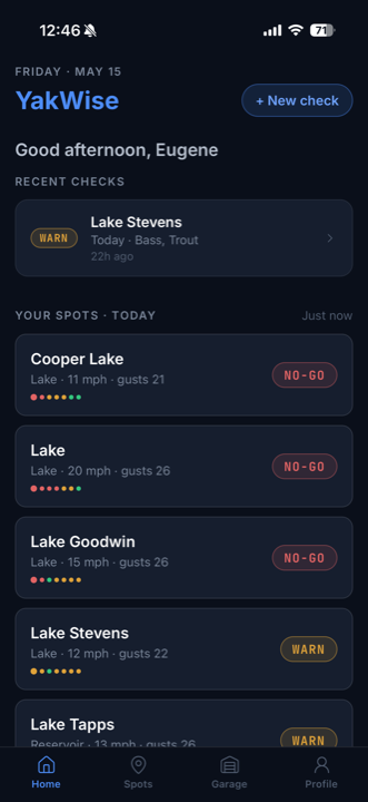 YakWise home — daily glanceable verdicts across your saved spots